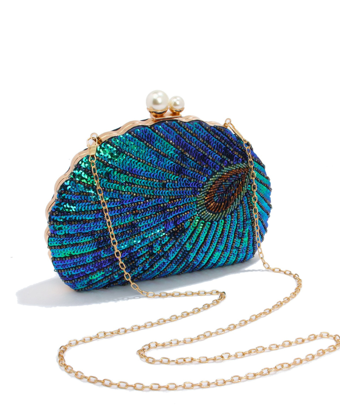 Peacock Feather Evening Bag – Handmade Beaded Shell Clutch Purse for Weddings & Parties