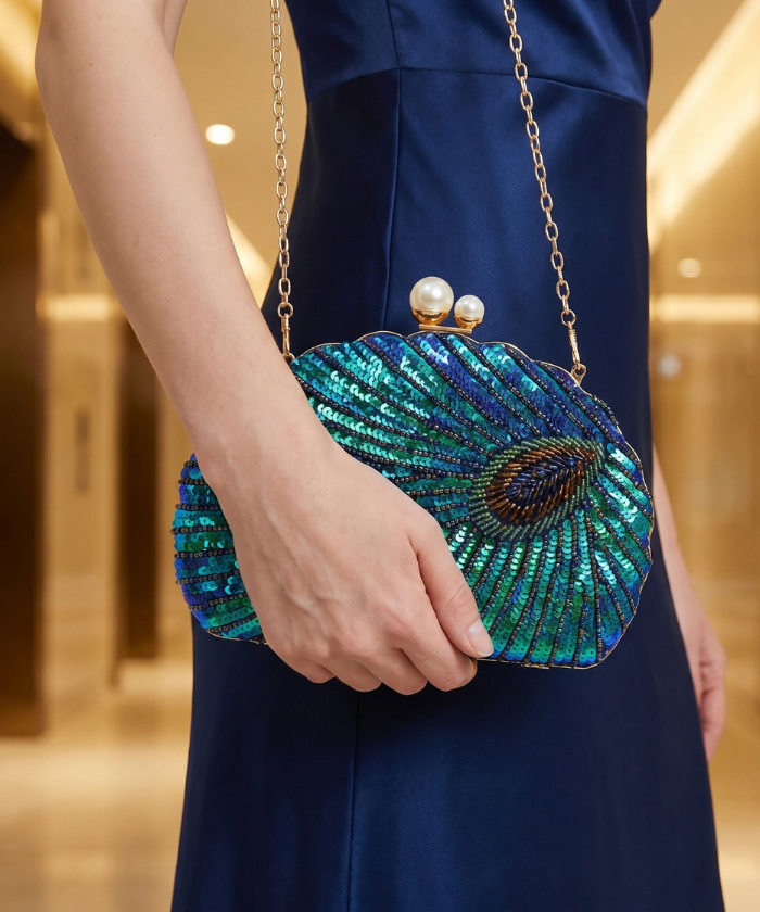 Peacock Feather Evening Bag – Handmade Beaded Shell Clutch Purse for Weddings & Parties