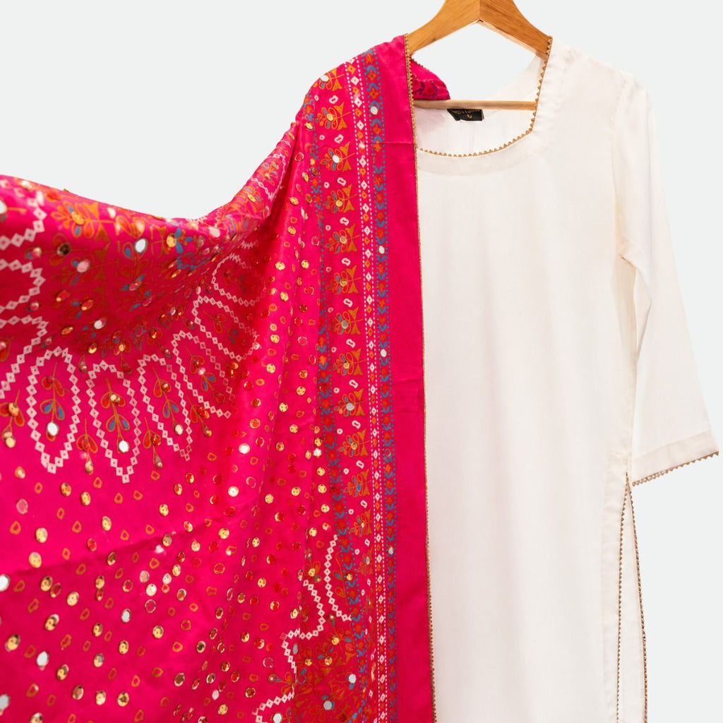 Luxury Silk Suit with Mirror, Pearl & Sequin Work Dupatta | Golden Gota Lace Party Wear Dress