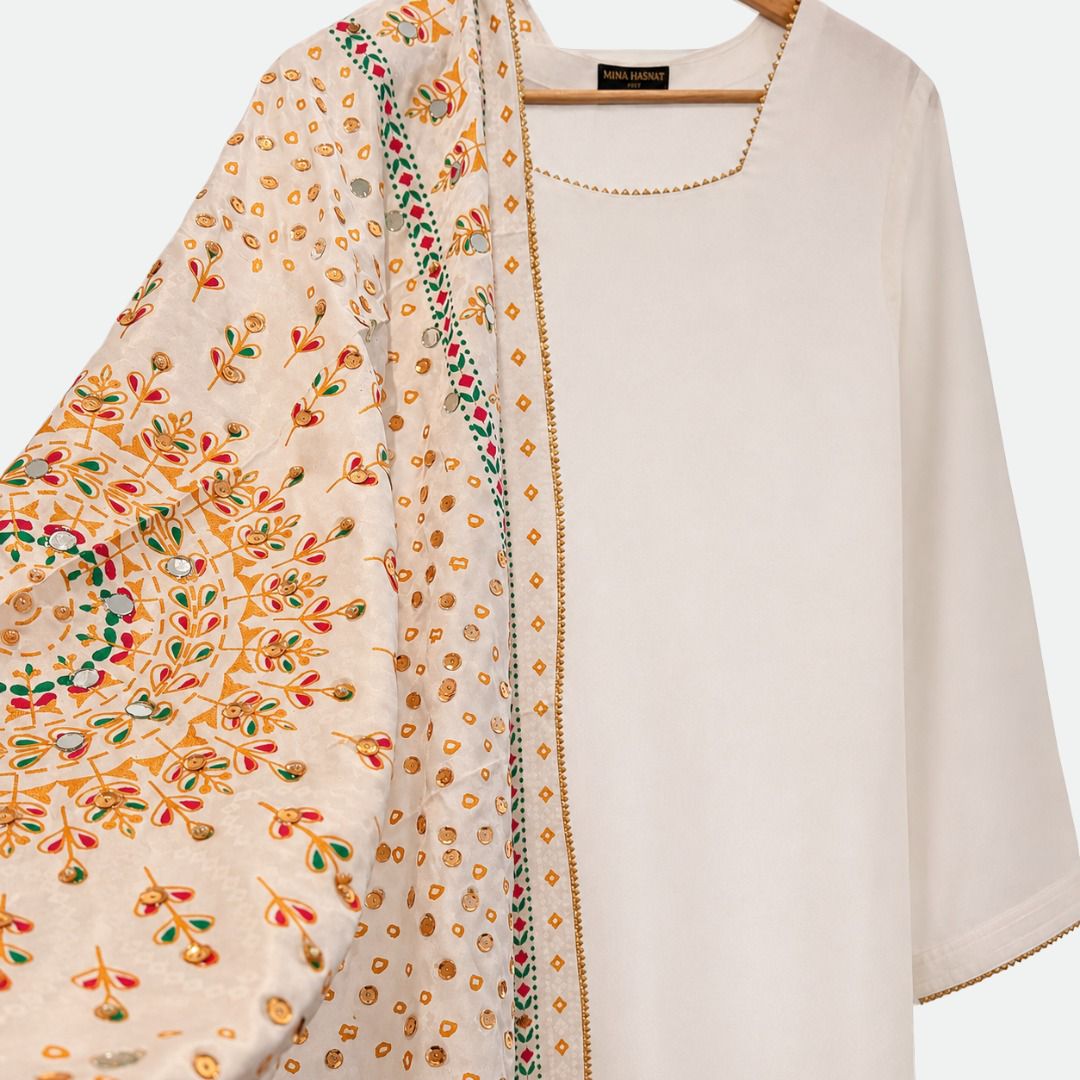 Luxury Silk Suit with Mirror, Pearl & Sequin Work Dupatta | Golden Gota Lace Party Wear Dress