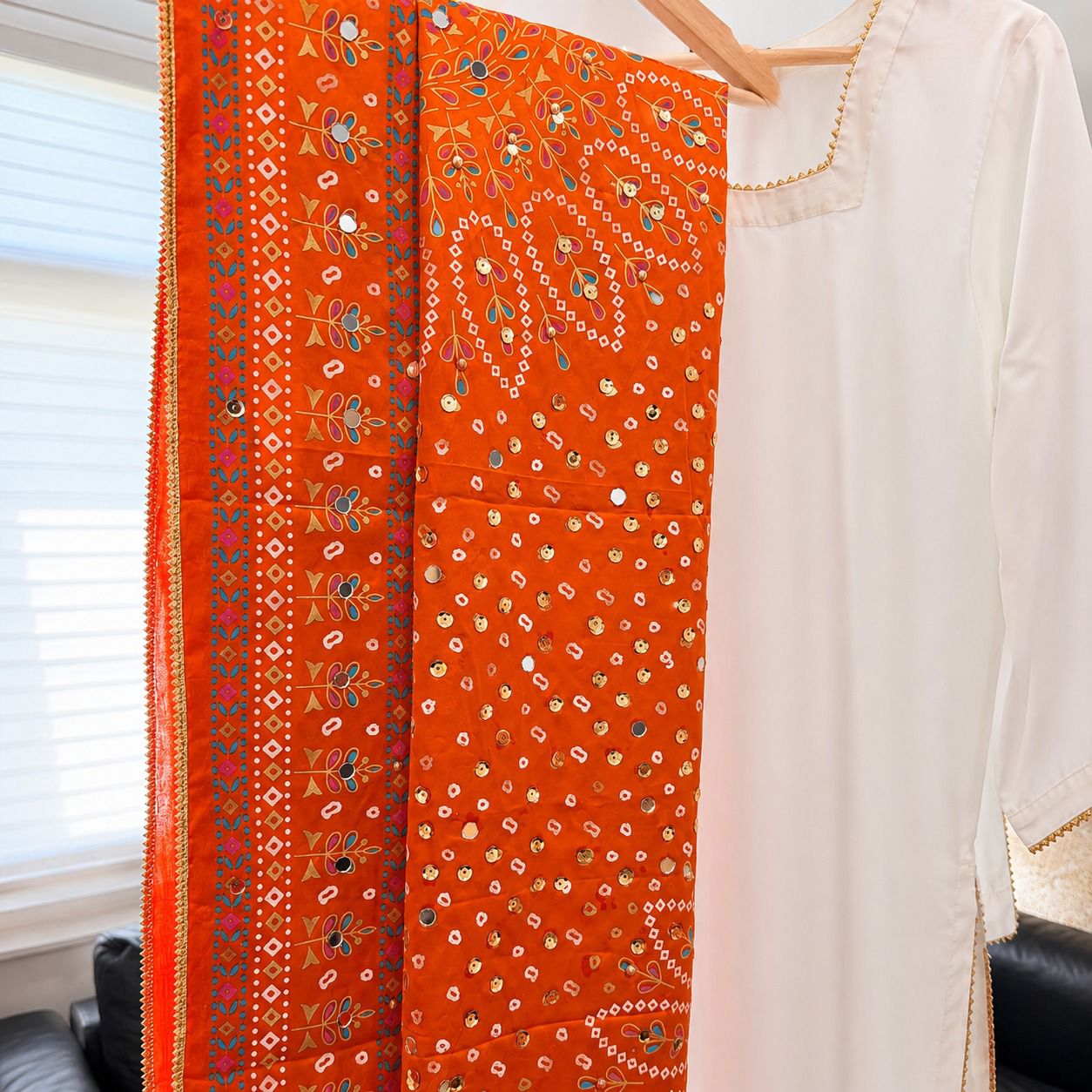 Luxury Silk Suit with Mirror, Pearl & Sequin Work Dupatta | Golden Gota Lace Party Wear Dress