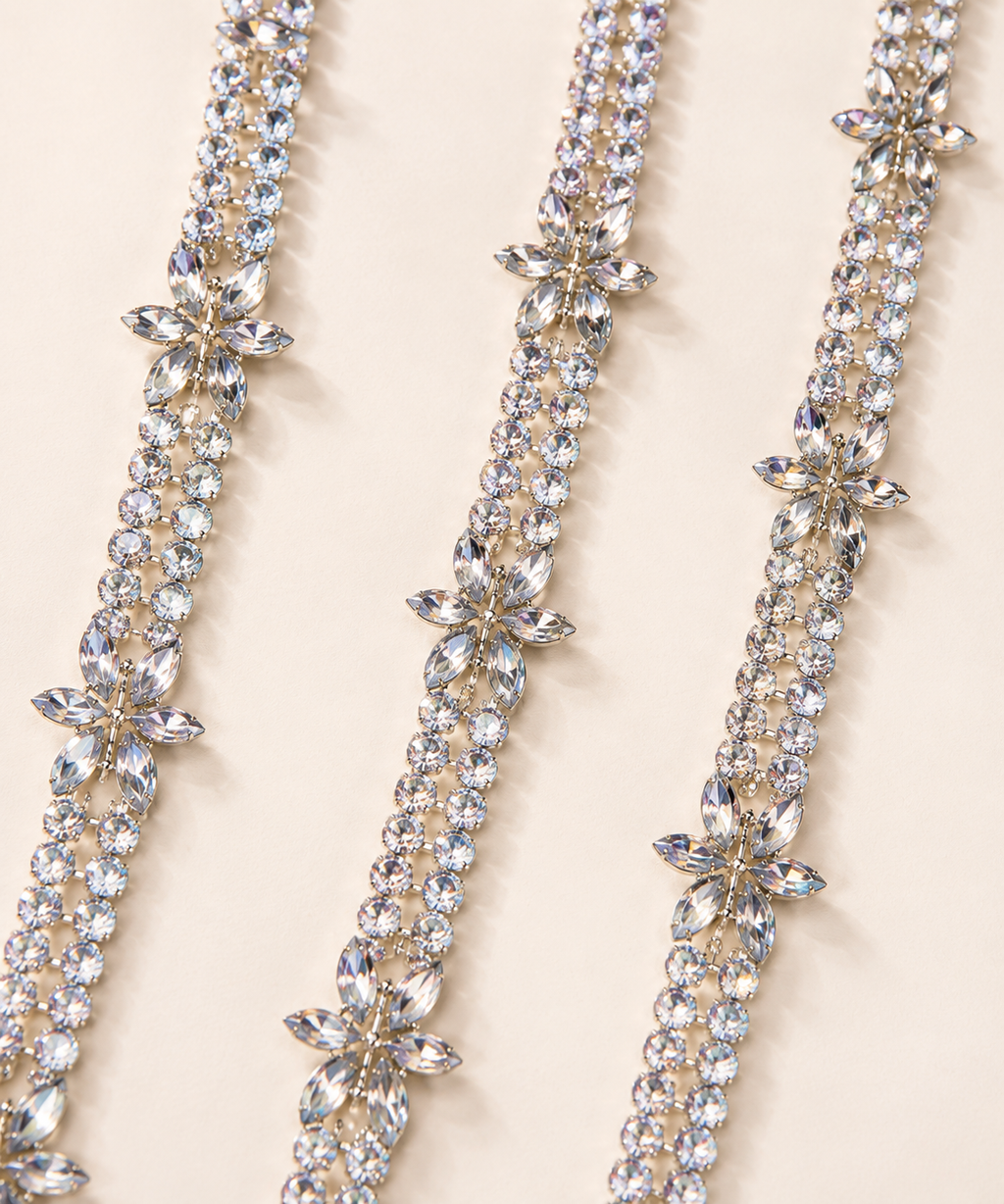 Silver Self Adhesive Rhinestone Flower Trim Crystal Diamante Lace Ribbon Strip DIY Craft Bridal