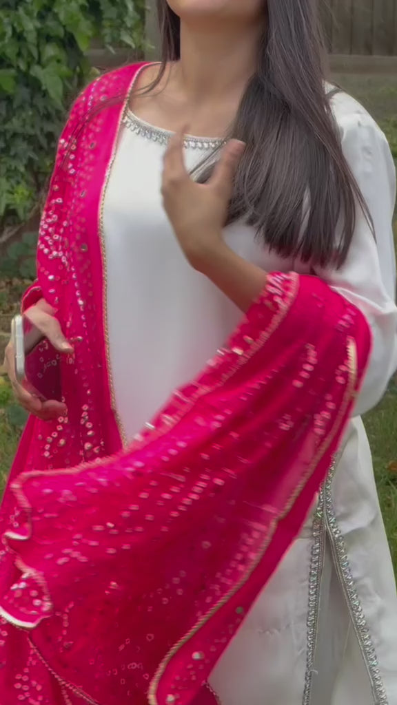 Women’s White Silk Suit Hot Pink Bandhani Dupatta 3PC Festive Eid Wear