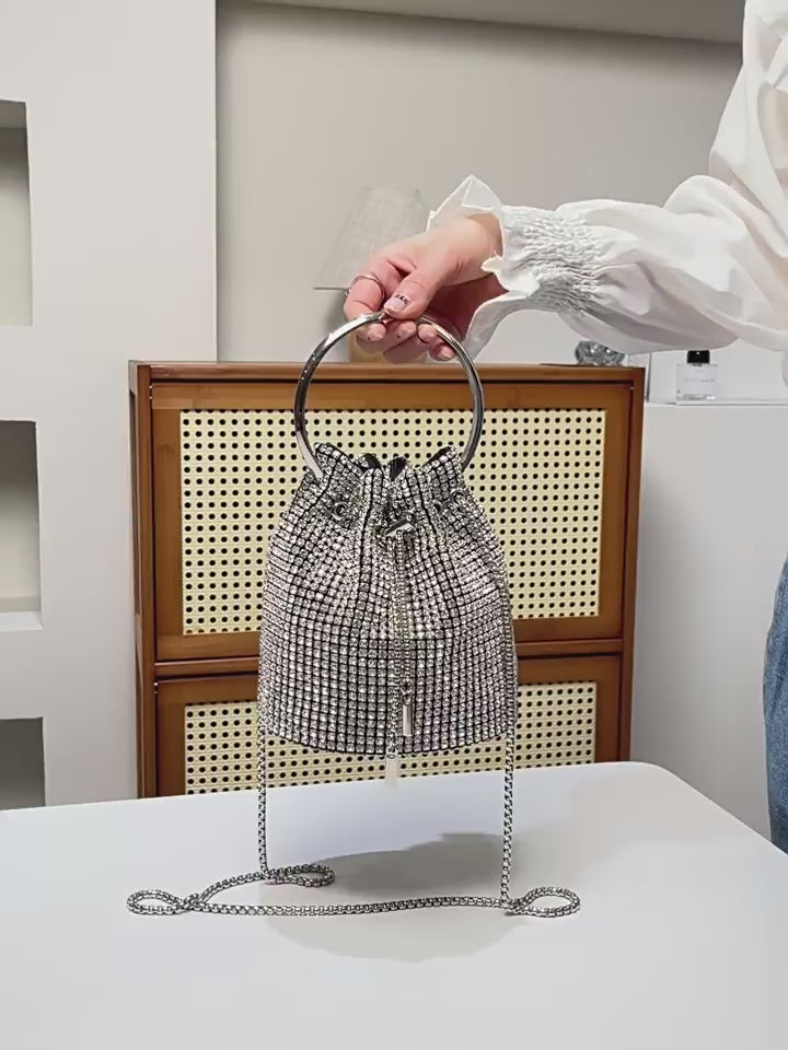 Luxury Rhinestone Bucket Bag – Women’s Crystal Evening Handbag with Ring Handle & Chain Strap