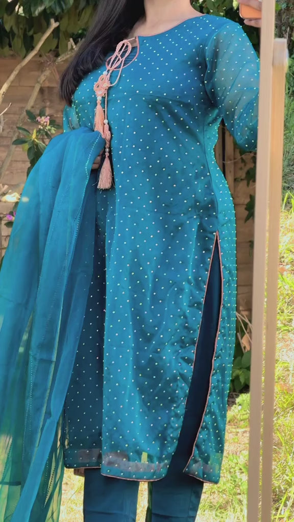 Luxury Diamanté Embellished Teal Turquoise Organza 3 Piece Suit with Tassel Neckline & Attached Inner Lining for Women Party Wear & Eid Collection