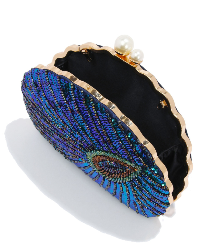 Peacock Feather Evening Bag – Handmade Beaded Shell Clutch Purse for Weddings & Parties